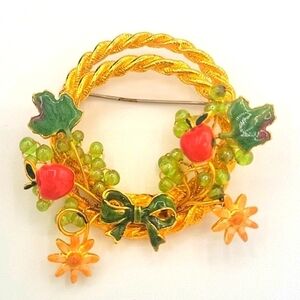 Vintage Mid-century Wreath Gold Tone Brooch Enamel Apples Flowers Leaves